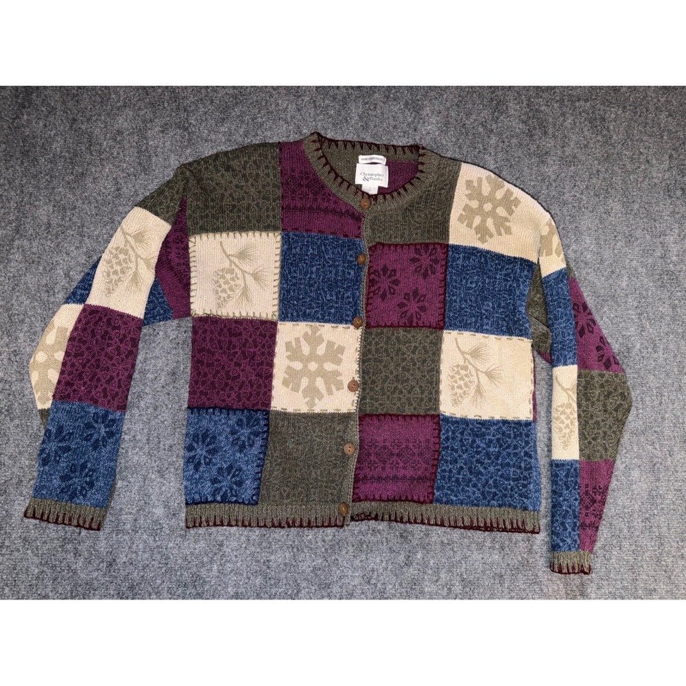 Christopher & Banks Patchwork Cardigan Sweater Silk Blend Embroidered Winter L